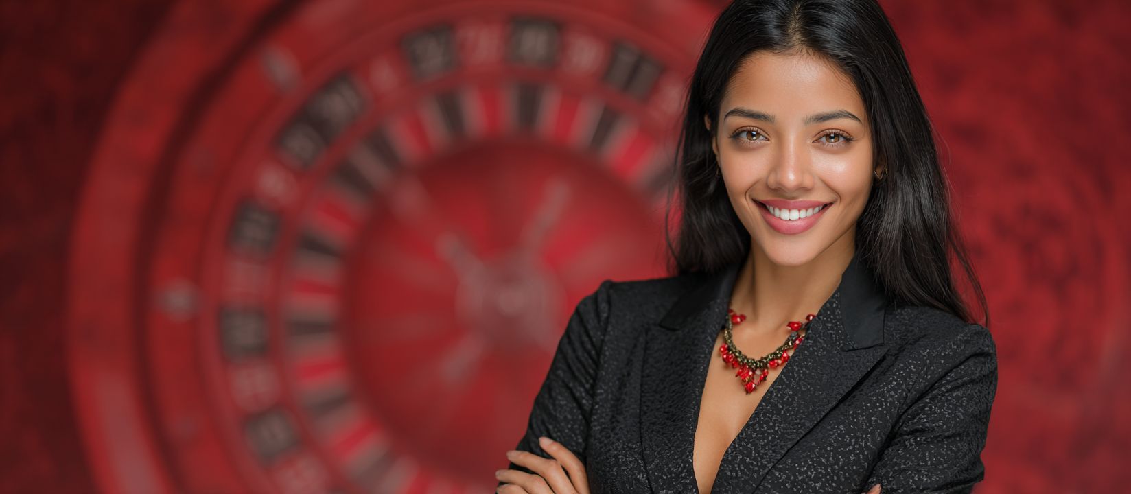 Smiling female dealer in front of a red roulette wheel at 8522BET Casino