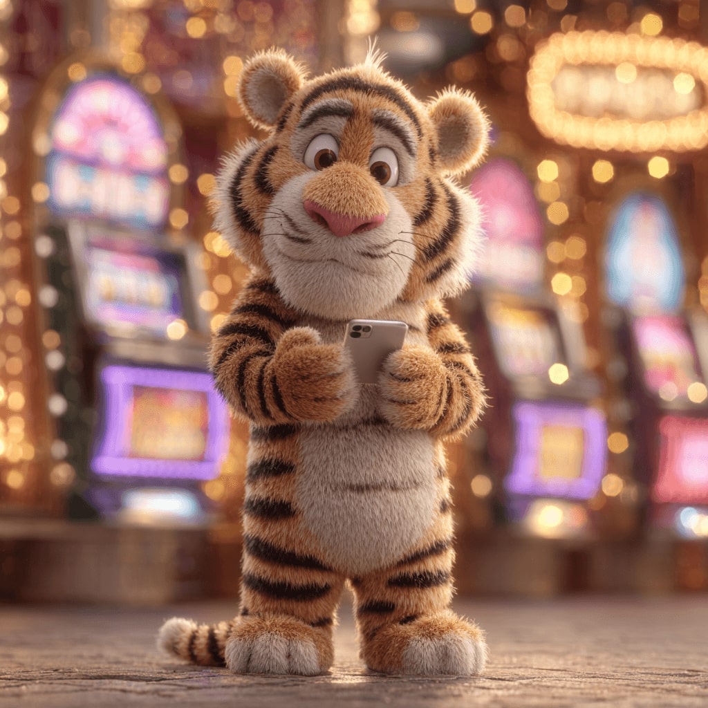 Tiger mascot of 8522Bet using a smartphone with slot machines in the background