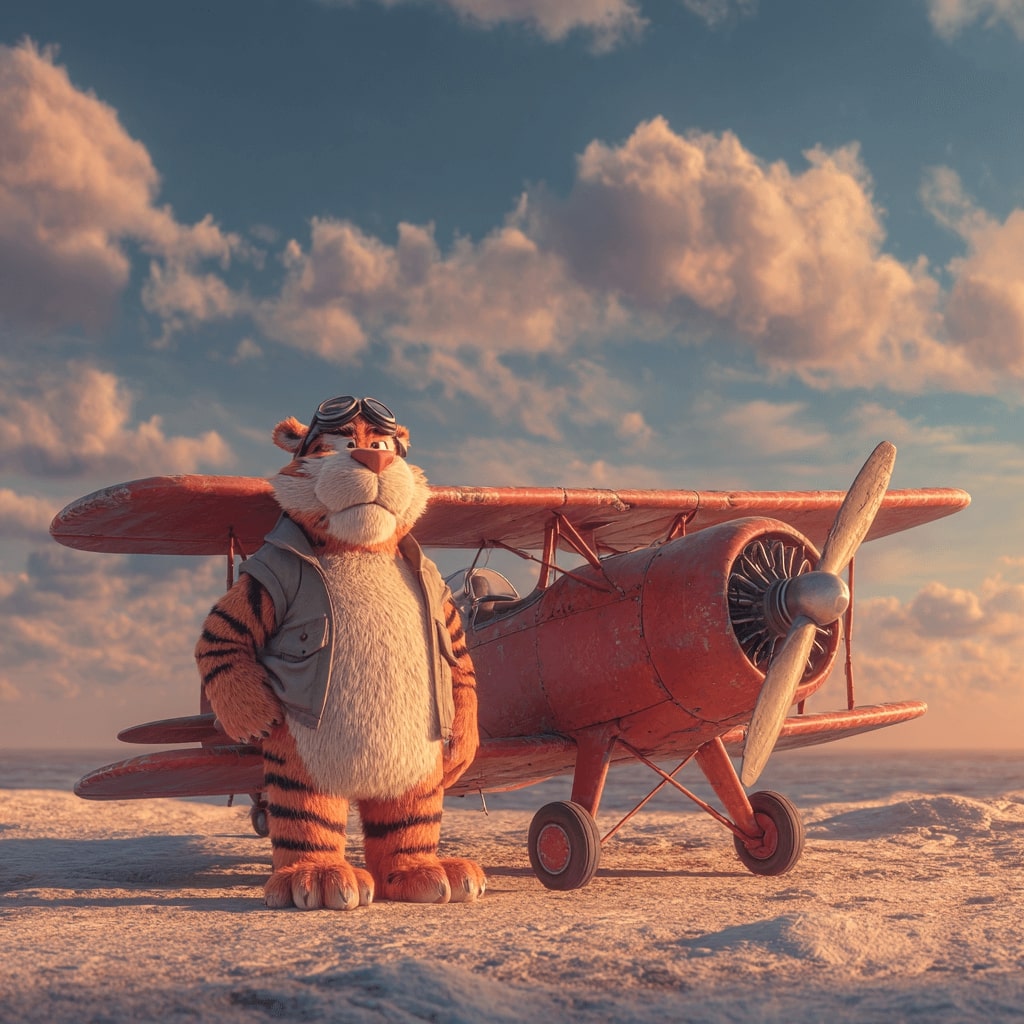 8522Bet tiger mascot dressed as a vintage pilot standing proudly next to a red biplane