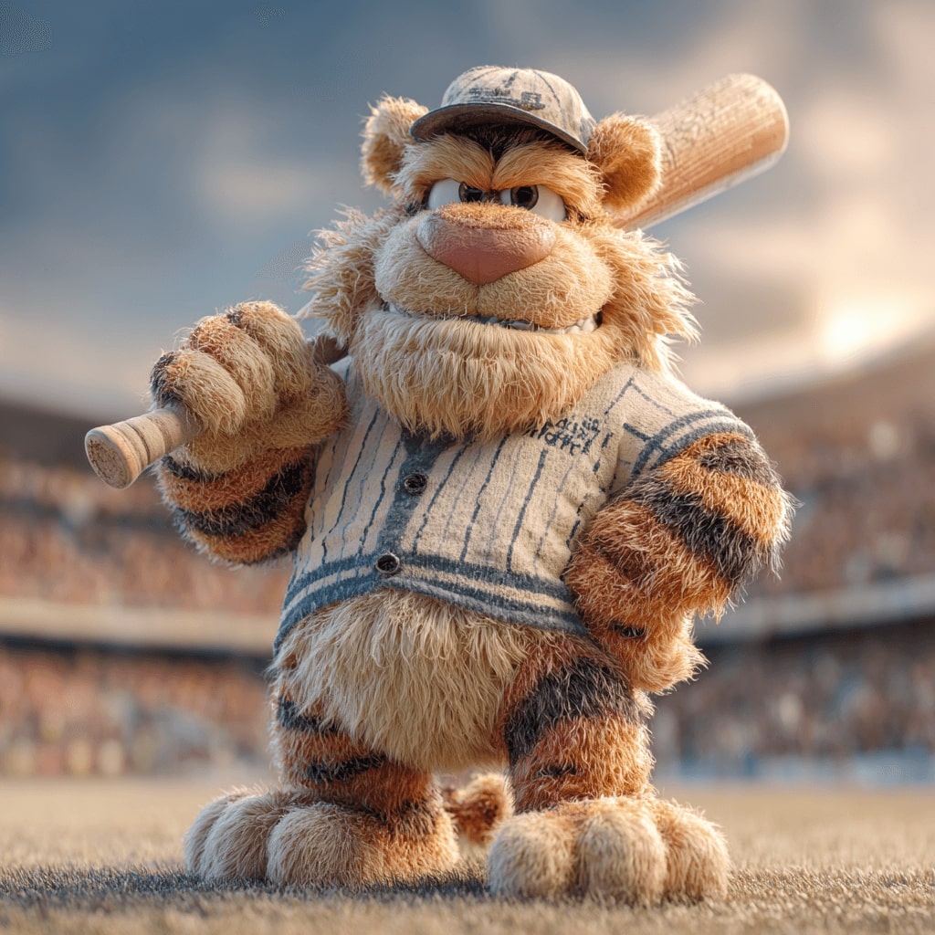 Tiger mascot of 8522Bet in a cricket uniform holding a bat, standing on a stadium field