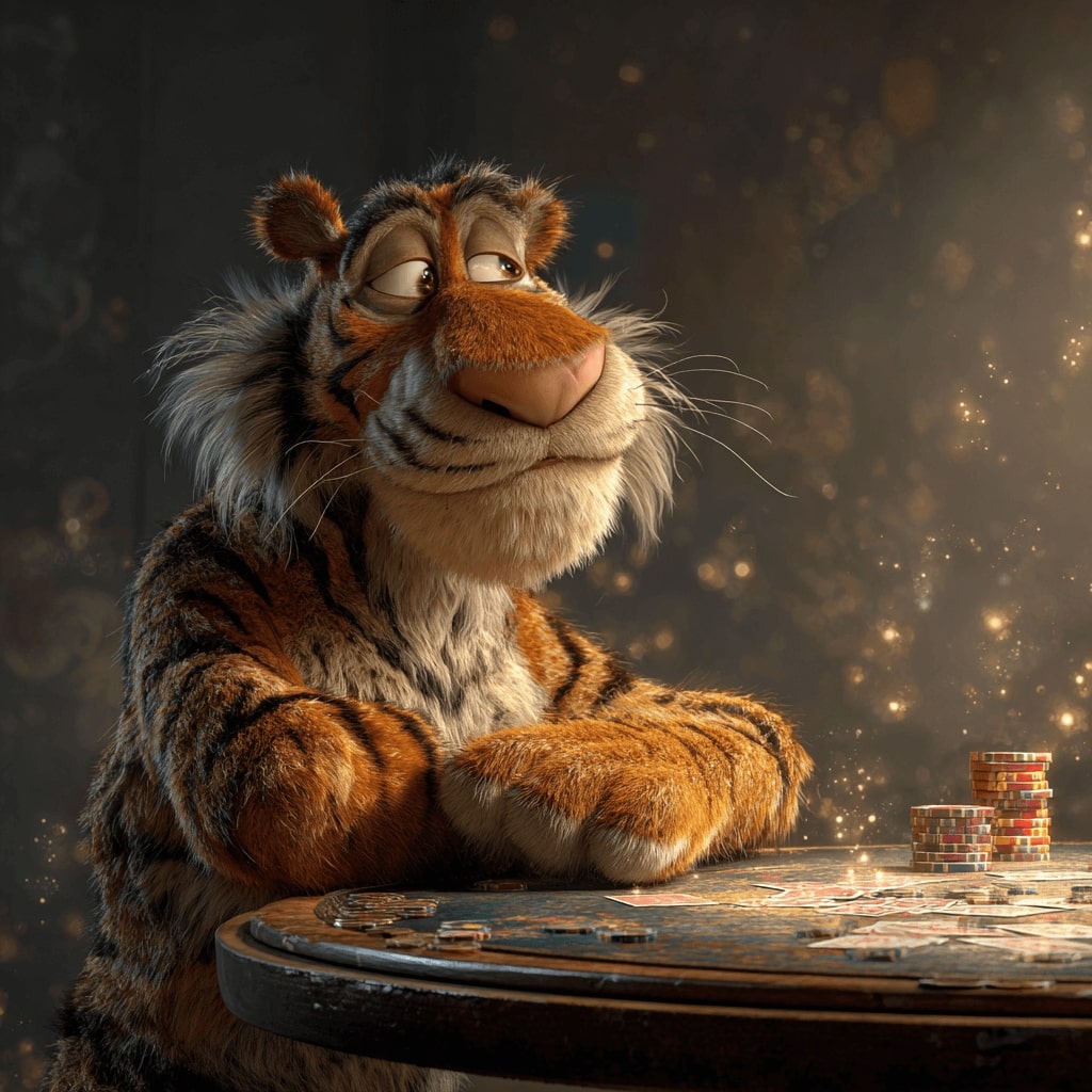 8522Bet tiger mascot sitting at a casino table surrounded by poker chips and soft light