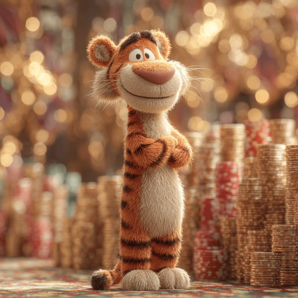 Happy 8522Bet tiger mascot standing confidently with arms crossed among casino chips