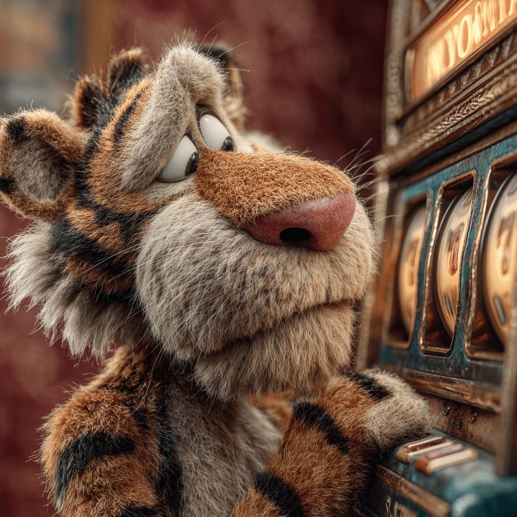 8522Bet tiger mascot with a hopeful expression playing a classic slot machine