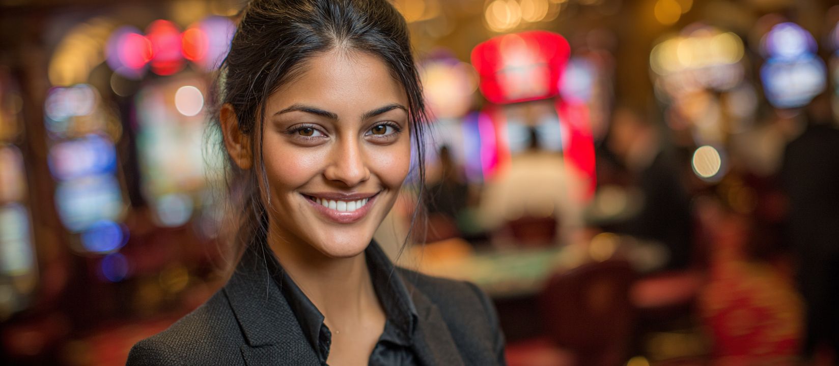 A smiling female dealer in a business suit in the background of a casino hall with slot machines offers a quick and secure login at 8522Bet