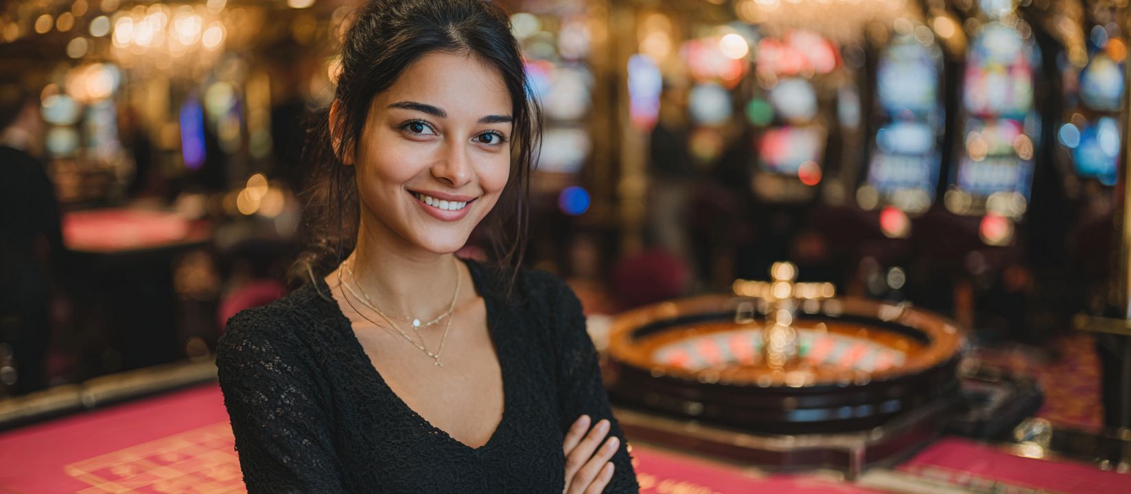 Smiling woman at 8522BET casino against a background of roulette and slot machines