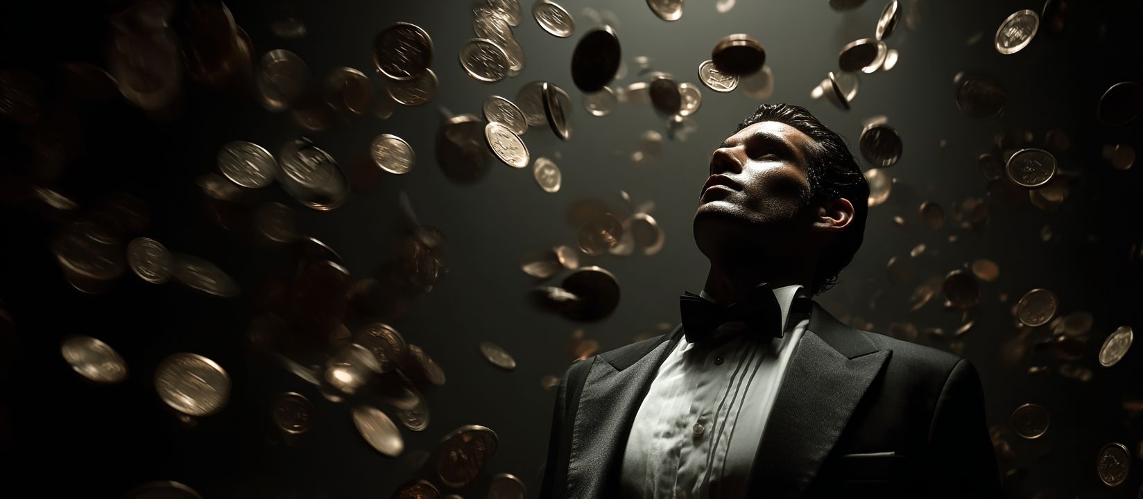 A man in a dinner jacket raining coins in dramatic lighting celebrates his winnings at 8522BET