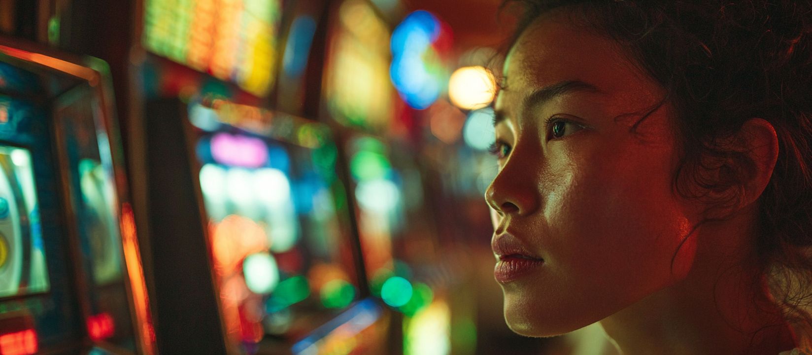 A woman stares intently at the slot machines at 8522Bet Casino, surrounded by neon lights